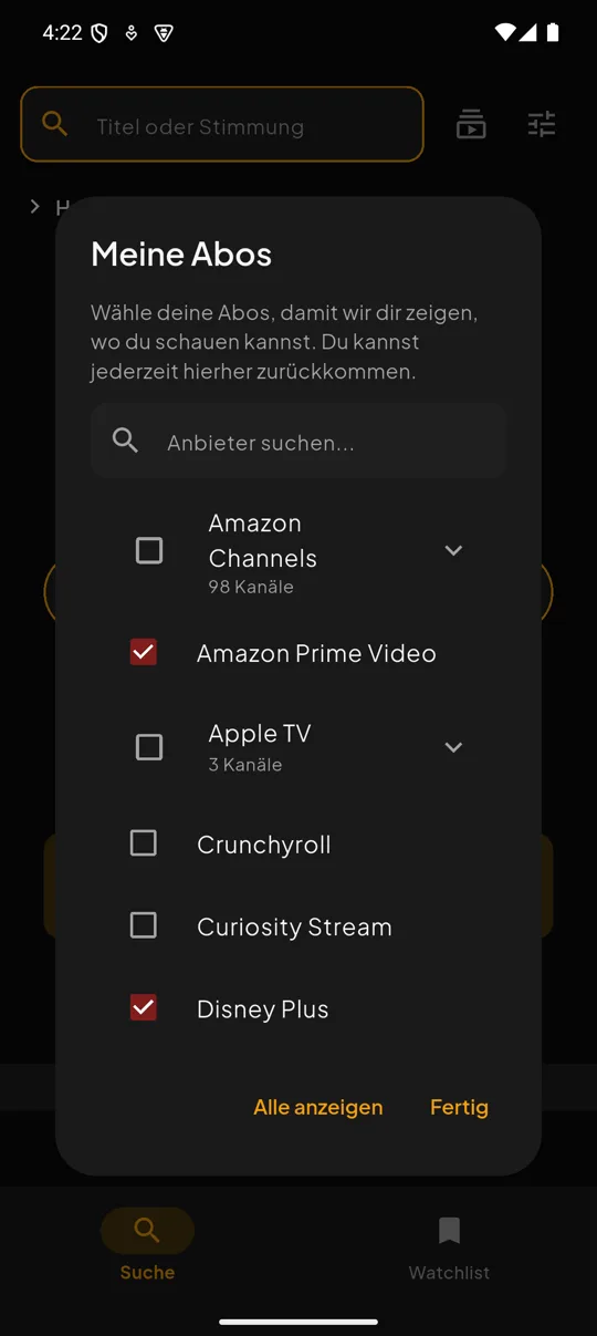 Auswahl der abonnierten Streaming-Dienste