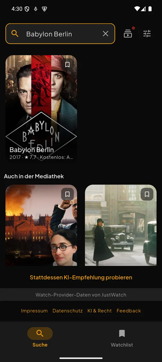Suchergebnisse mit Streaming- und Mediathek-Treffern